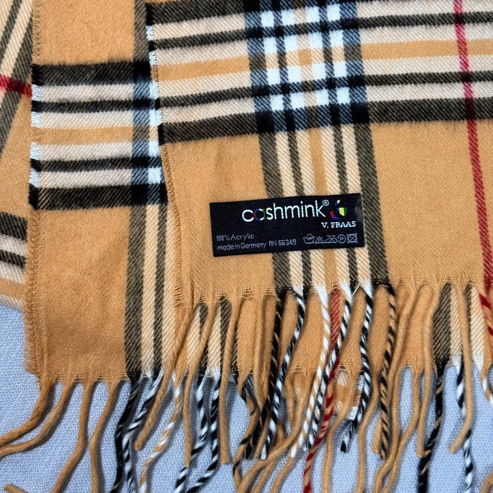 V. Fraas Cashmink Plaid Scarf Tan Camel Black Red Check Tassel Fringe Germany